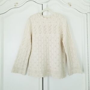 North Style Ivory Wool Blend Pointelle Scallop Hem Bell Sleeve Sweater Large